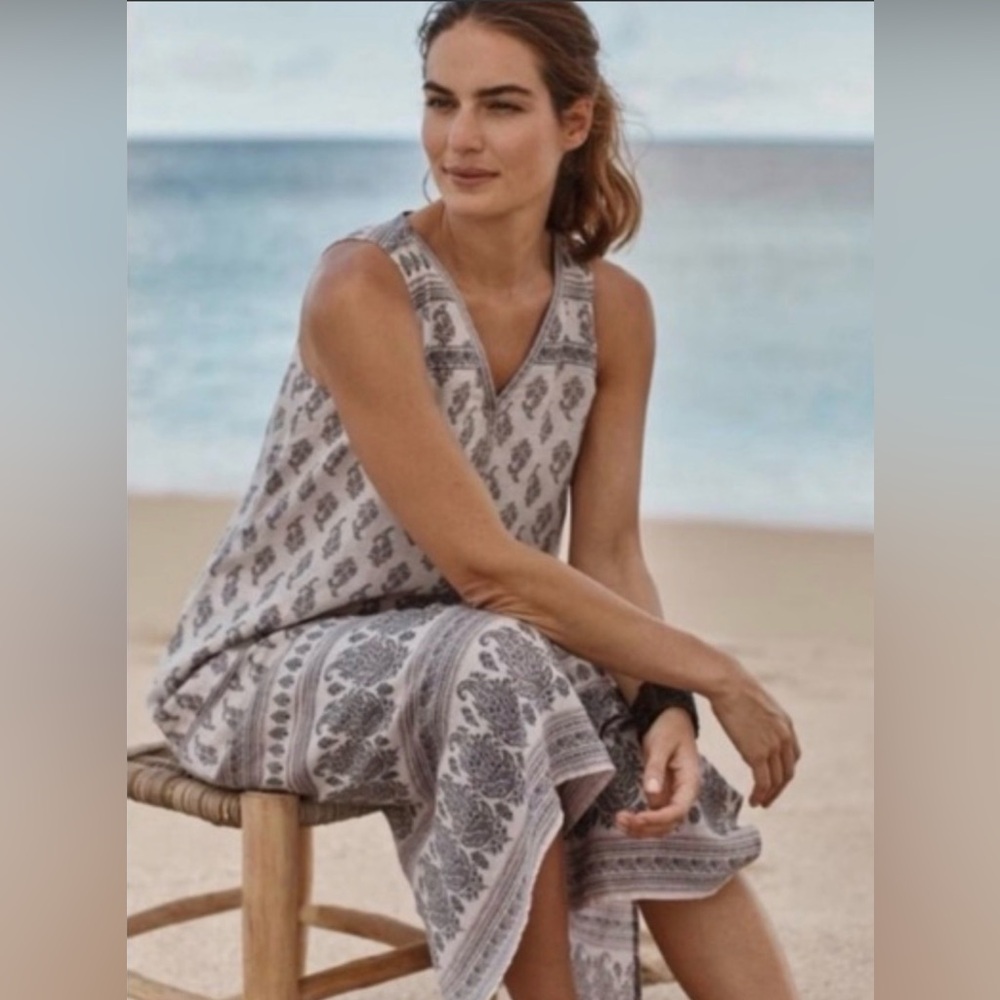 Boho Printed Sleeveless Midi Dress in Taupe and Cream